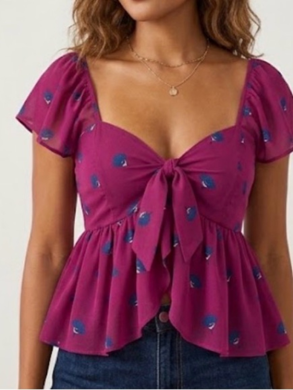 VERO MODA Magenta Tie-Front Peplum Top with Blue Floral Motif